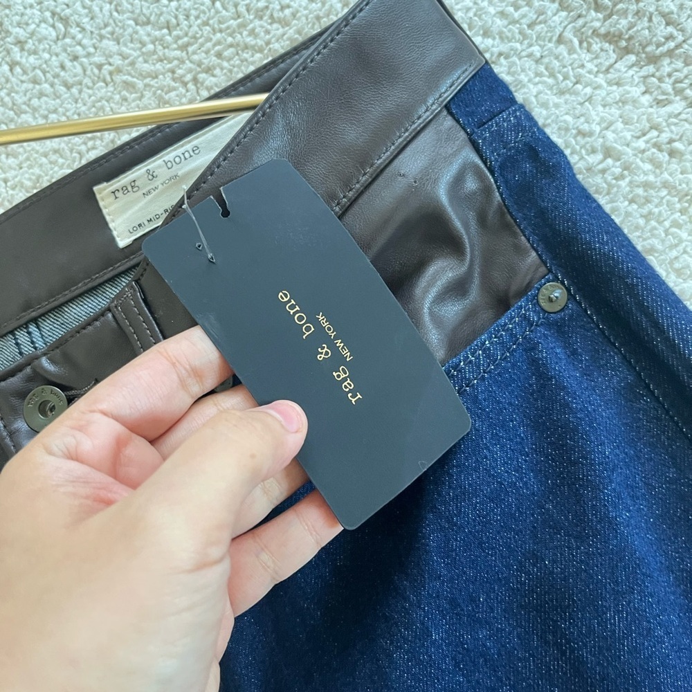 rag & bone Dark Blue wide Leg Jeans with Black Leather Lori midi size 26 cowgirl - Picture 2 of 16